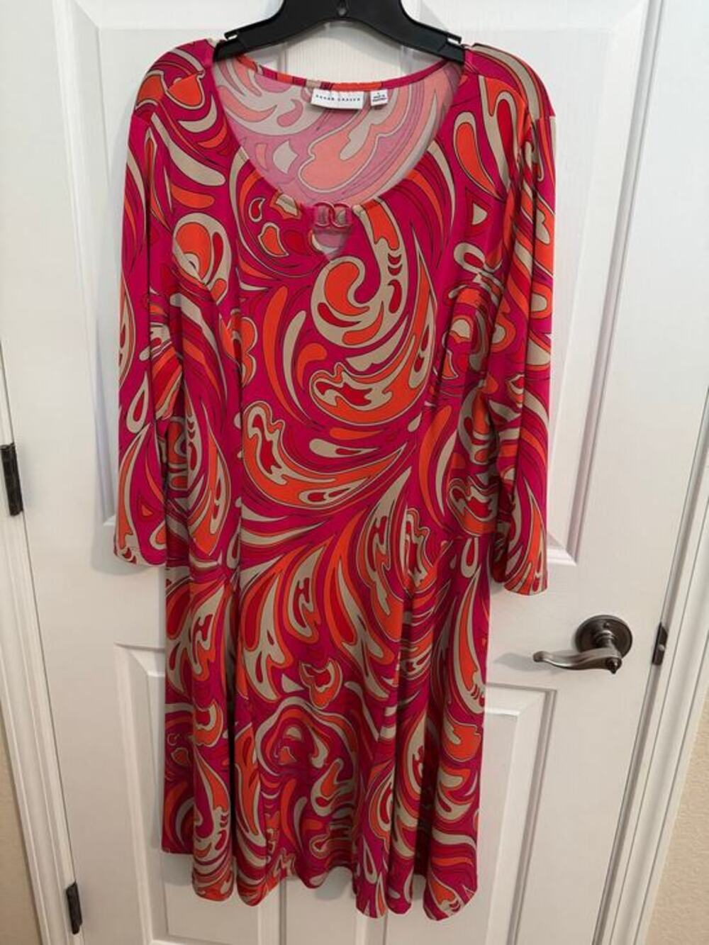 Susan Graver Fit & Flare Hippie 70s Liquid Knit Swing Dress Pink Orange L